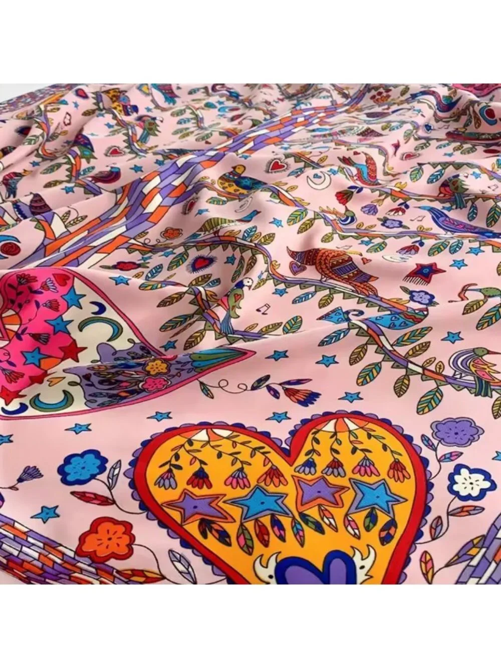 New Square Scarf Silk Satin Printed Pink Tree Birds Heart Whimsical Novelty